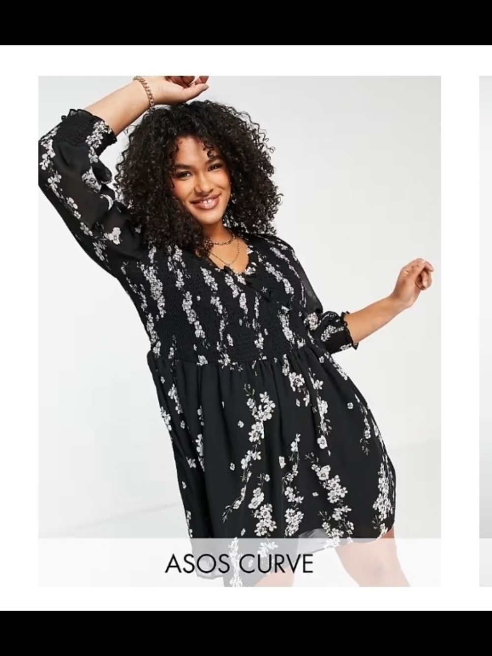 ASOS Curve Black Floral Smocked V-Neck Dress